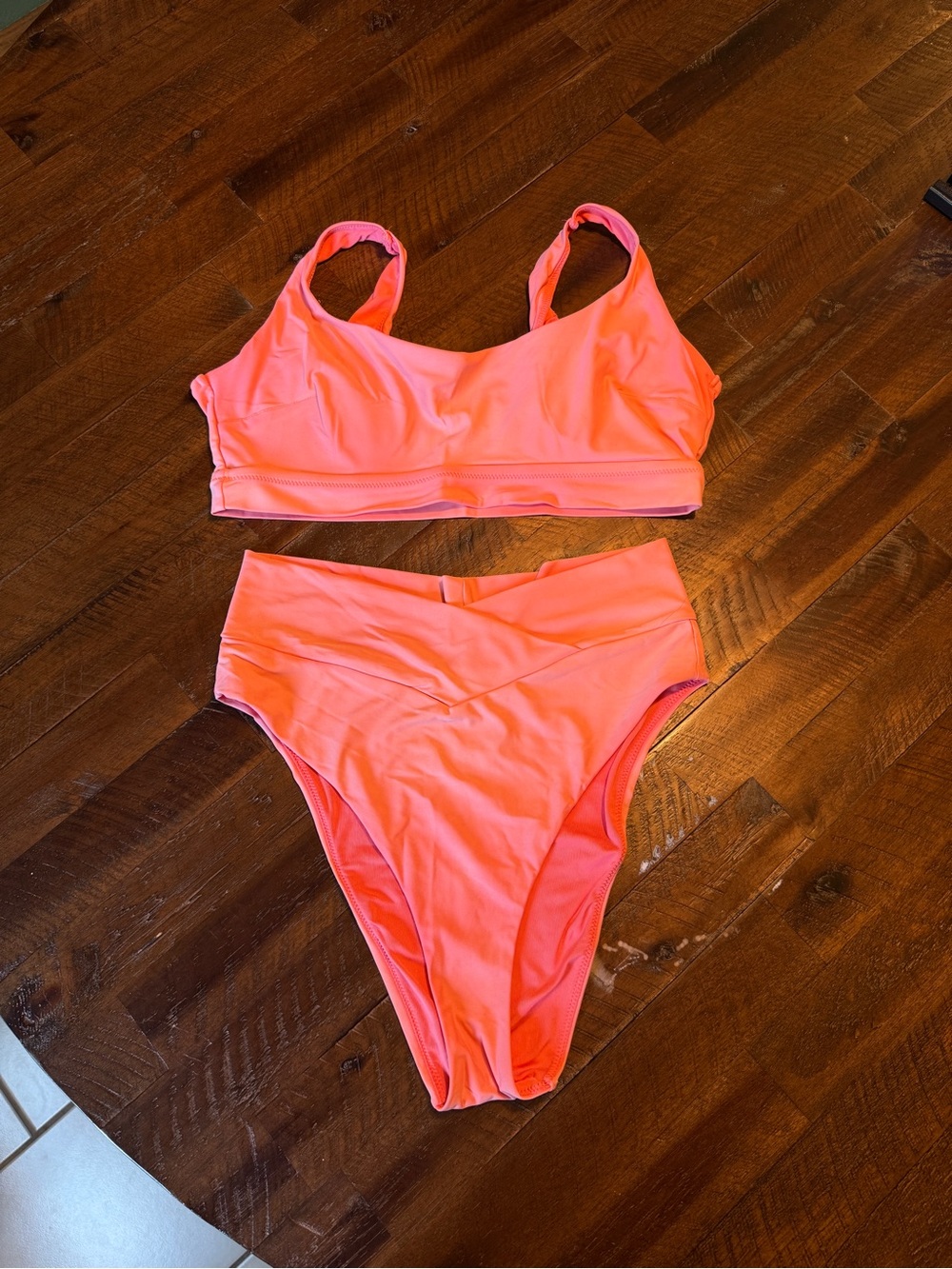 aerie Neon Coral Pink High-Waist Bikini Set
